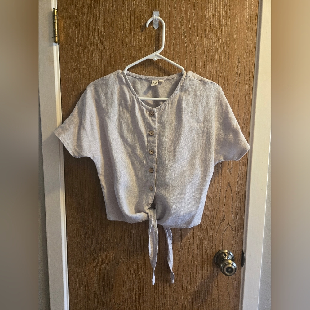 Elegant Purplish Gray Button-Down Tie-Front 100% Europen Linen Shirt